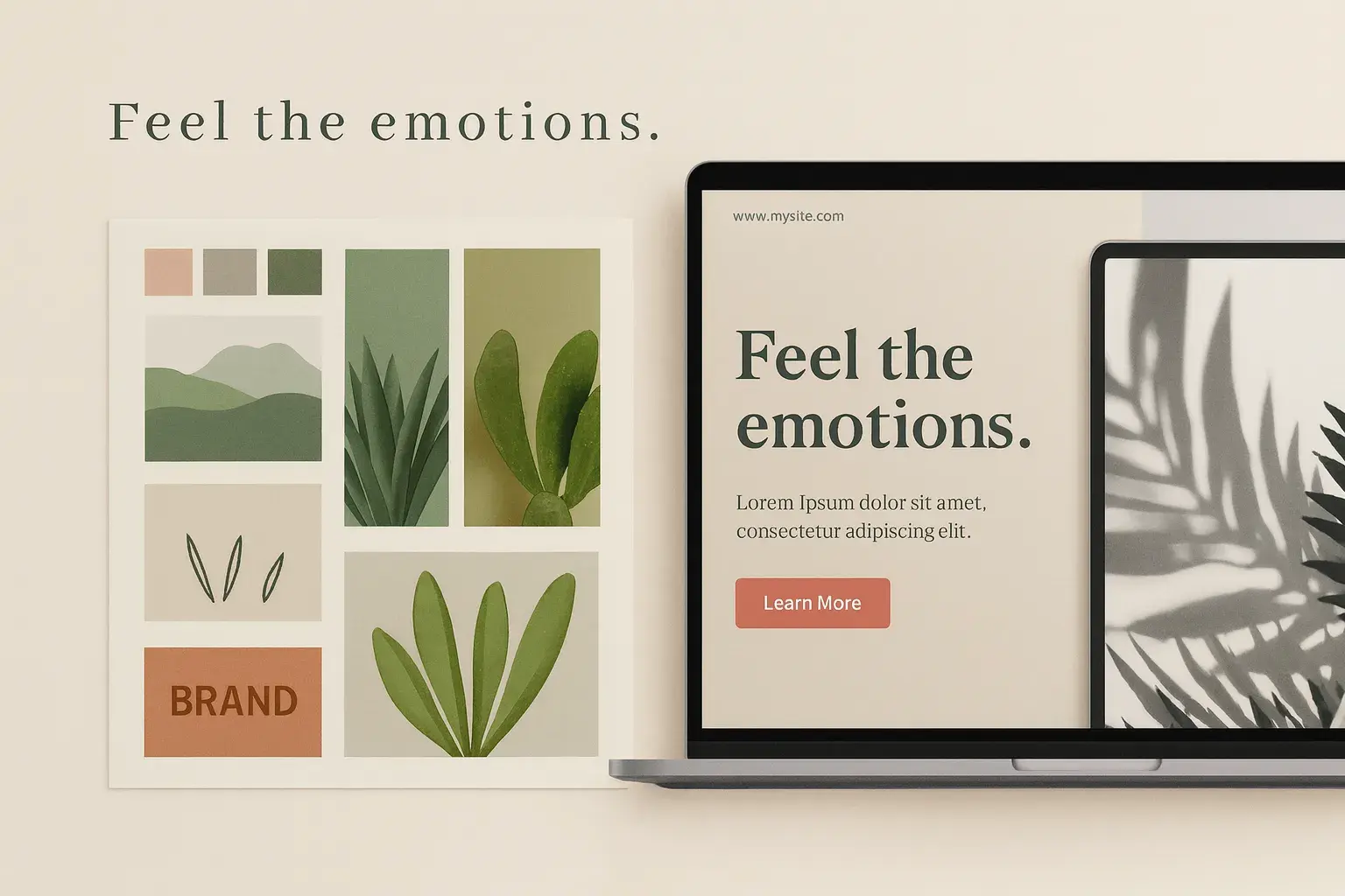 Mood board on the left and website on the right